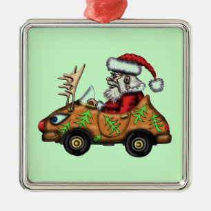 Funny Santa driver on Rudolph car tree ornament