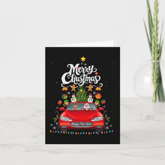 Funny Santa Driving Wagon Red Truck Christmas Tree Card (Front)