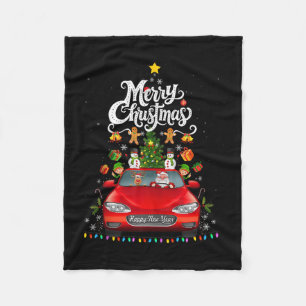 Funny Santa Driving Wagon Red Truck Christmas Tree Fleece Blanket