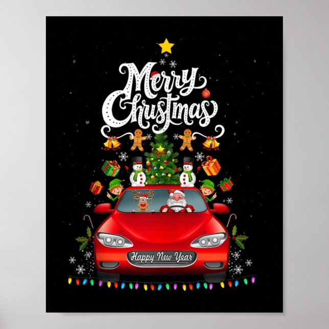 Funny Santa Driving Wagon Red Truck Christmas Tree Poster (Front)