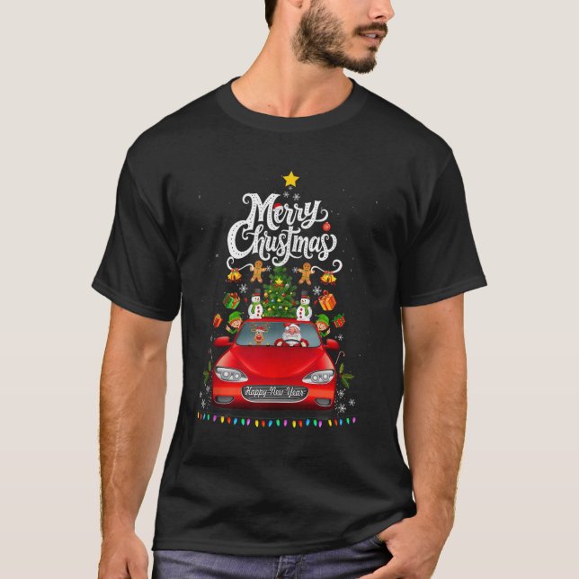 Funny Santa Driving Wagon Red Truck Christmas Tree T-Shirt (Front)