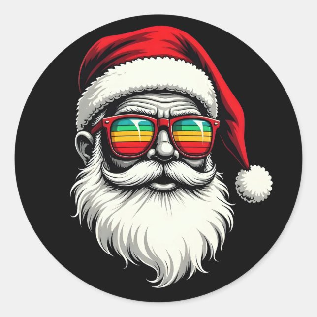 Funny Santa Face Retro Sunglasses Christmas  Classic Round Sticker (Front)