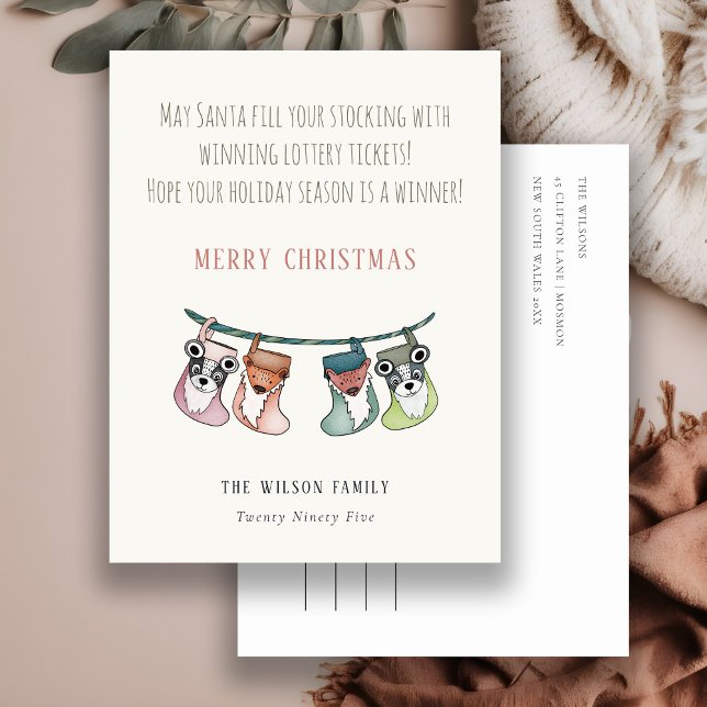 Funny Santa Fills Stockings With Lottery Christmas Holiday Postcard (Creator Uploaded)