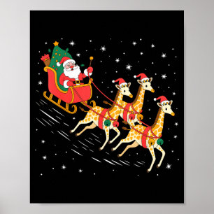 Funny Santa Giraffe Sleigh Flying Christmas Night  Poster