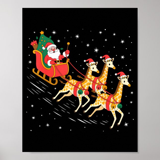 Funny Santa Giraffe Sleigh Flying Christmas Night  Poster (Front)