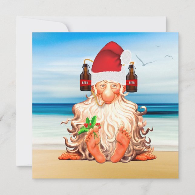 Funny Santa Gnome in a Beer Santa Hat on the Beach Holiday Card (Front)