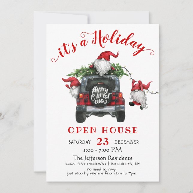 Funny Santa Gnomes Christmas Holiday Open House Invitation (Front)