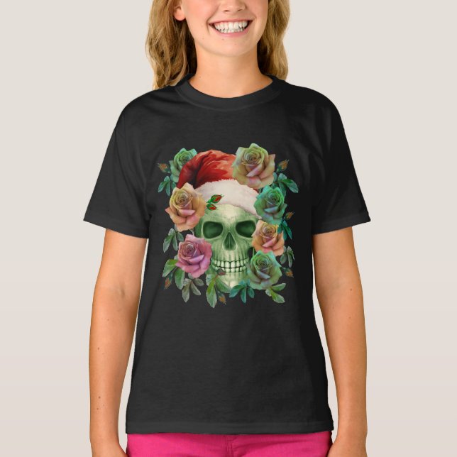 FUNNY SANTA GREEN SKULL AND CHRISTMAS FLORAL  T-Shirt (Front)