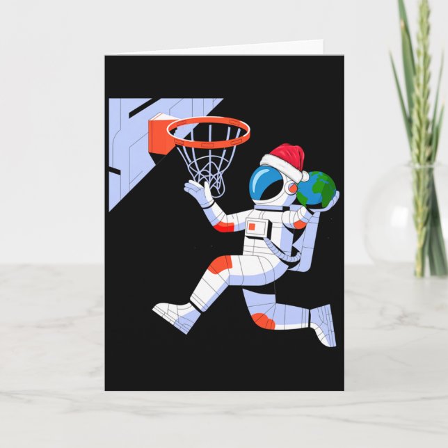 Funny Santa Hat Astronaut Dunking Earth Basketball Card (Front)