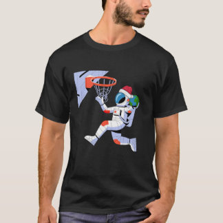 Funny Santa Hat Astronaut Dunking Earth Basketball T-Shirt