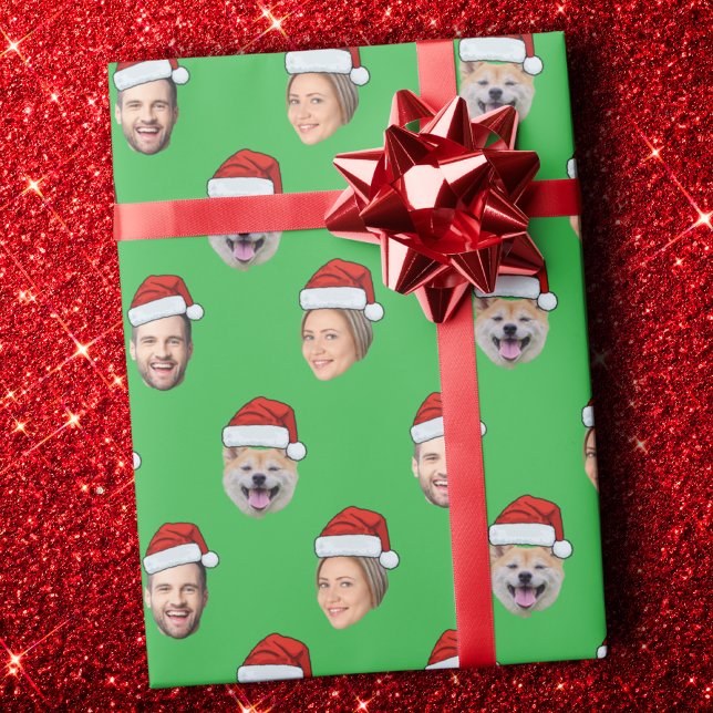 Funny Santa Hat Face, Custom Face 3 Photos  Wrapping Paper (Creator Uploaded)