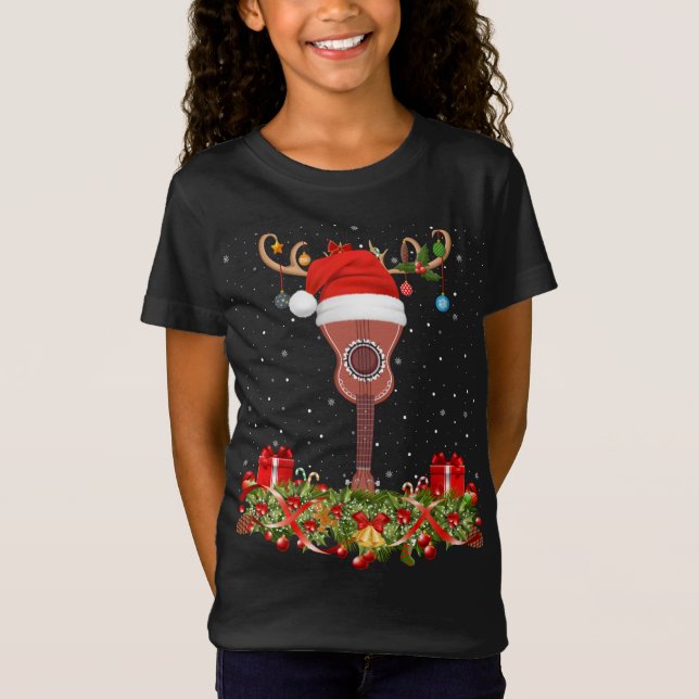 Funny Santa Hat Raindeer Ukulele Guitar Christmas T-Shirt (Front)