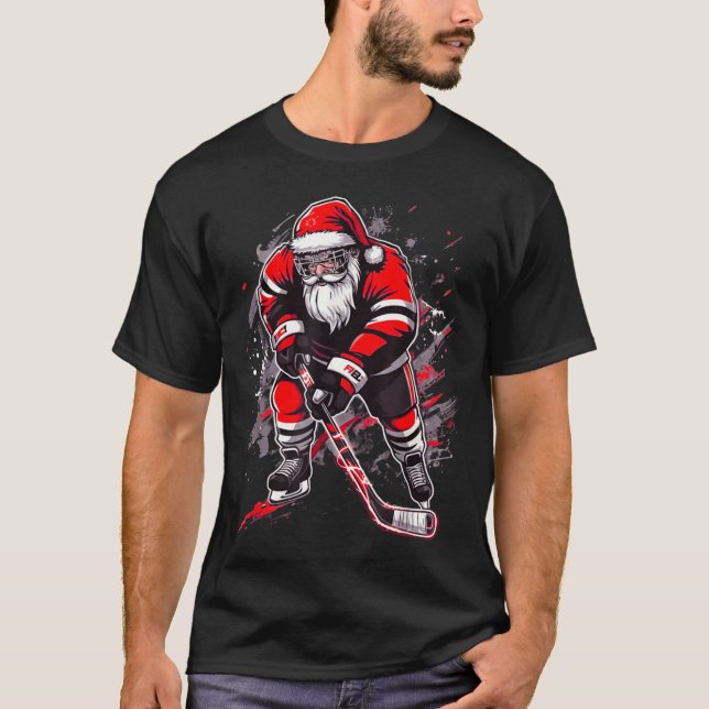 Funny Santa Hockey Christmas Retro Winter Player X T-Shirt (Front)
