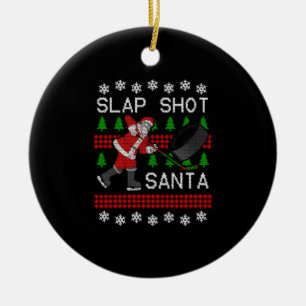 Funny Santa Hockey Puck Ugly Christmas Slap Shot S Ceramic Tree Decoration
