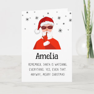 Funny Santa is Watching Name Merry Christmas Holiday Card