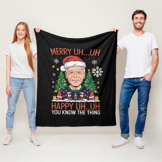 Funny Santa Joe Biden Merry Uh Uh Christmas Ugly Fleece Blanket (In Situ)