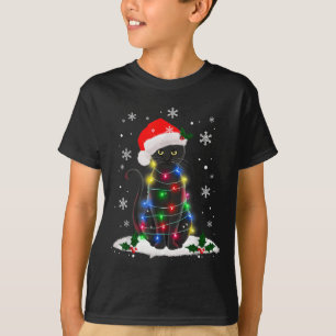 Funny Santa Kitten Black Cat Christmas Tree Lights T-Shirt