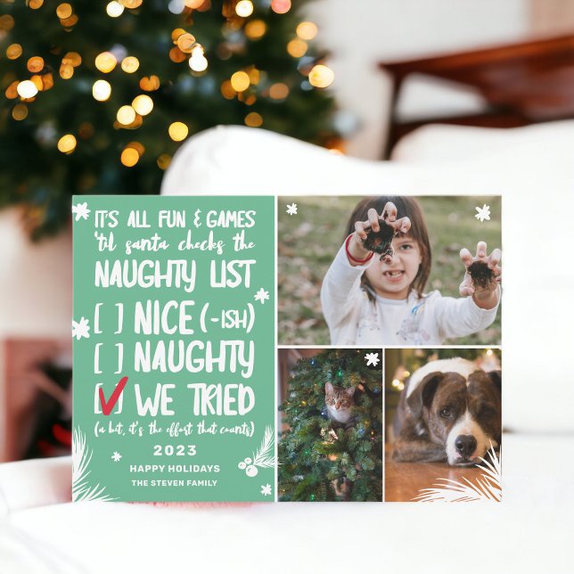 Funny Santa naughty list 3 photos green Christmas Holiday Card (Funny Santa naughty list 3 photos green Christmas Holiday Card)