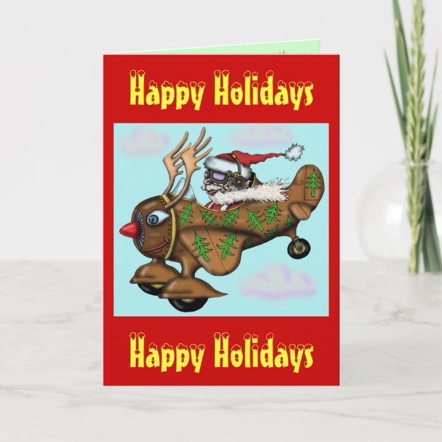 Funny Santa pilot on Rudolph plane Christmas card (Front)