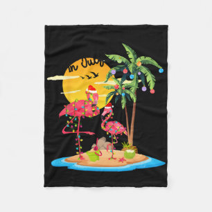 Funny Santa Pink Flamingo Palm Tree Christmas In J Fleece Blanket