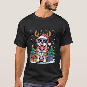Funny Santa Pitbull Reindeer Light Christmas Dog L T-Shirt