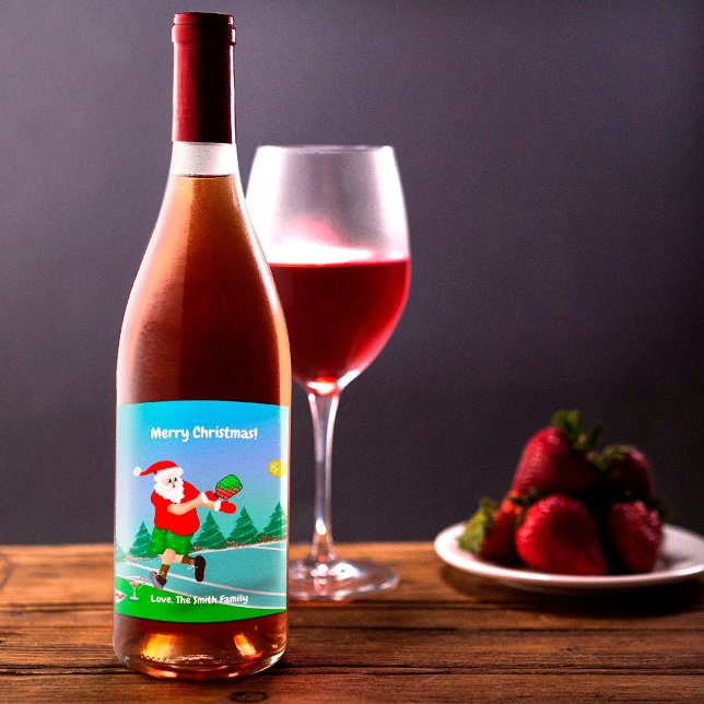 Funny Santa Playing Pickleball Merry Christmas  Wine Label (Creator Uploaded)
