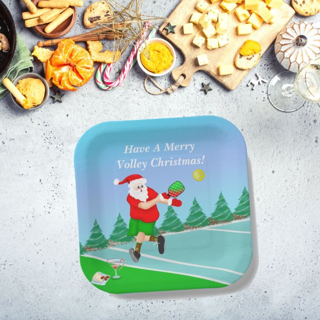 Funny Santa Playing Pickleball Merry Volley Xmas Paper Plate (Creator Uploaded)