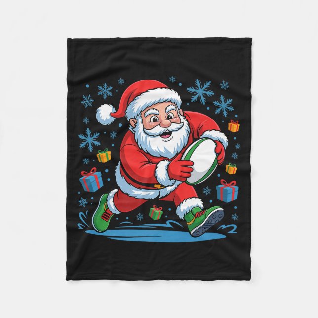Funny Santa Playing Rugby Holiday Christmas Xmas P Fleece Blanket (Front)