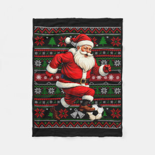 Funny Santa Playing Soccer Ugly Christmas Sweater  Fleece Blanket