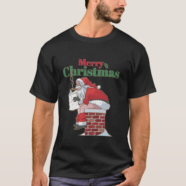 Funny Santa Pooping Down Chimney Xmas Tee Christma (Front)