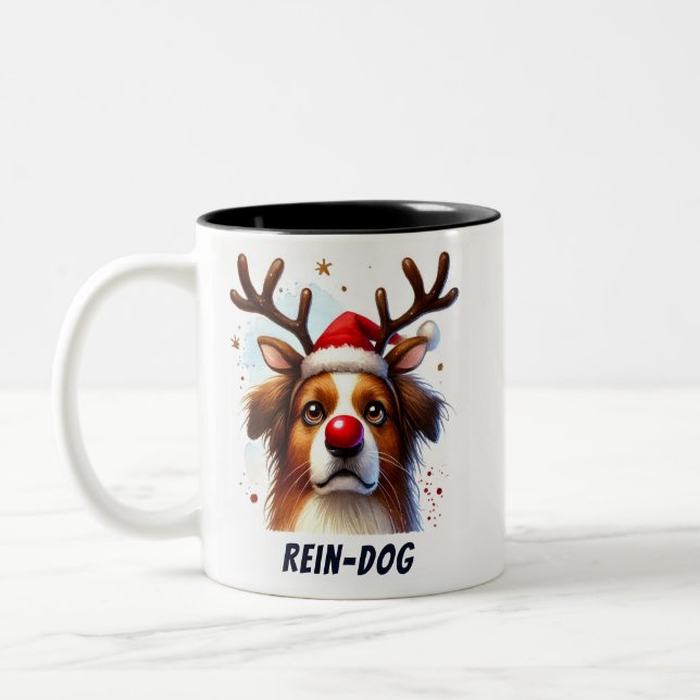 Funny Santa Rein-Dog Red nose Two-Tone Coffee Mug (Left)