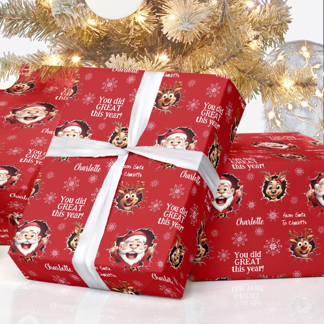 Funny Santa Reindeers Girl Name Red Christmas Wrapping Paper (Funny Santa Reindeers Girl Name Red Christmas Wrapping Paper)
