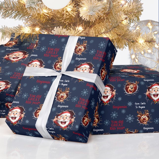 Funny Santa Reindeers Name Navy Blue Christmas Wrapping Paper (Funny Santa Reindeers Name Navy Blue Christmas Wrapping Paper)
