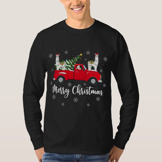 Funny Santa Riding Christmas Tree Truck Alpaca Chr T-Shirt (Front)