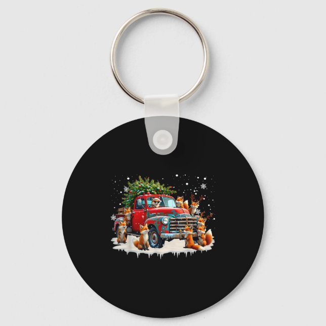 Funny Santa Riding Christmas Tree Truck Fox Christ Key Ring (Front)