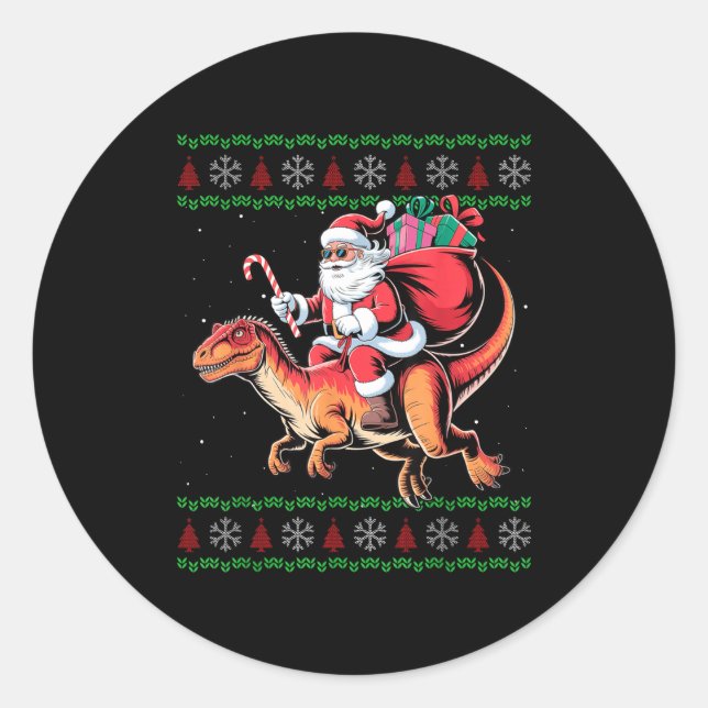 Funny Santa Riding Dinosaur Animal Ugly Christmas  Classic Round Sticker (Front)