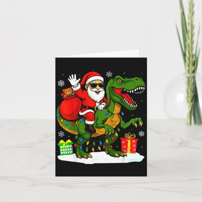 Funny Santa Riding Dinosaur T Rex Christmas Santa  Card (Front)