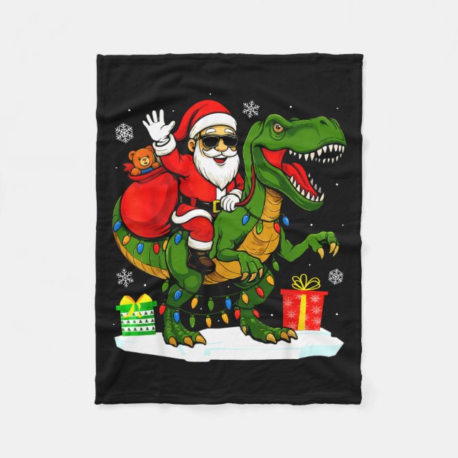 Funny Santa Riding Dinosaur T Rex Christmas Santa  Fleece Blanket (Front)