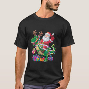 Funny Santa Riding Dinosaur T rex Deer Christmas L T-Shirt