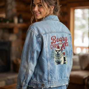 Funny Santa Riding Polar Bear   Beary Christmas Denim Jacket