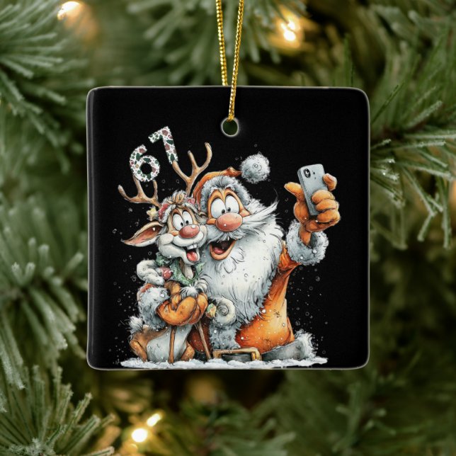 Funny Santa Rudolf Selfie Six Seven Christmas  Ceramic Ornament (Tree)