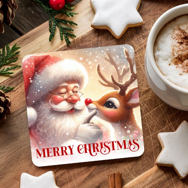 Funny Santa Rudolph Cartoon Christmas Drink Coaste Square Paper Coaster (Funny Santa Rudolph Cartoon Christmas Drink Coaster

)