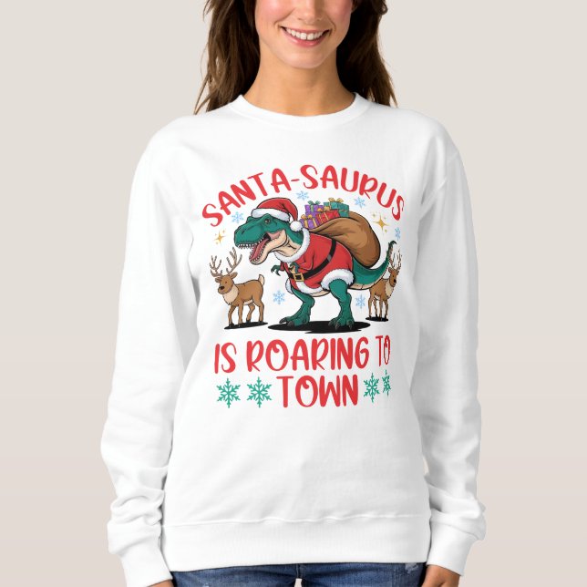 Funny Santa-saurus T-Rex Dinosaur Christmas Sweatshirt (Front)