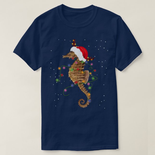 Funny Santa Seahorse Animal Christmas Lights Lover T-Shirt (Design Front)