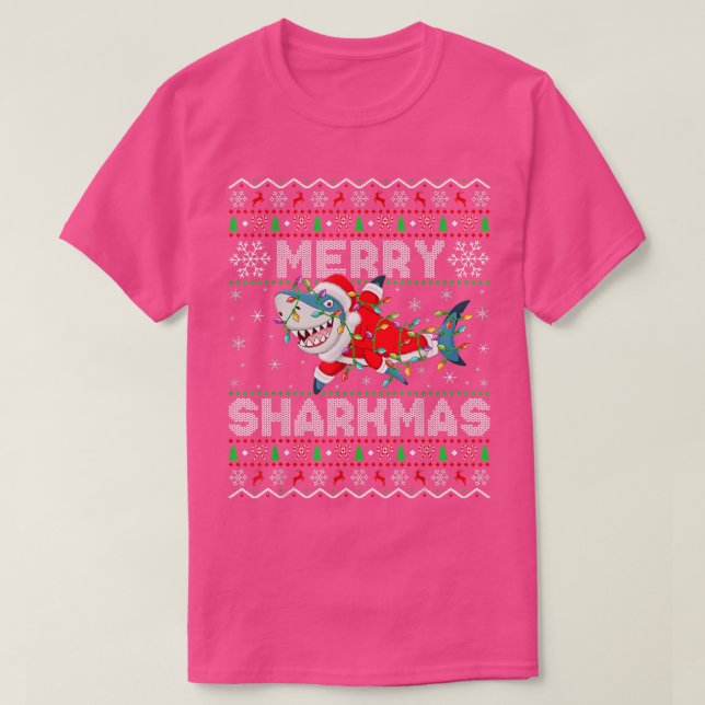 Funny Santa Shark Christmas Lights Ugly Merry Shar T-Shirt (Design Front)