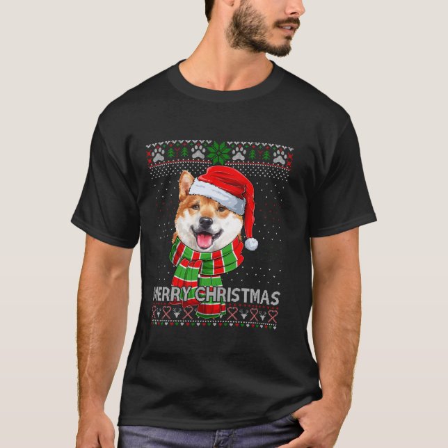 Funny Santa Shiba Inu Scarf Lover Ugly Christmas S T-Shirt (Front)