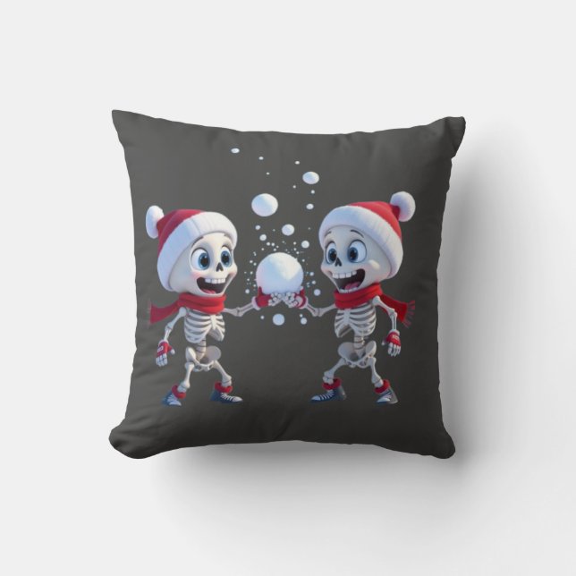 Funny Santa Skeletons Having a Snowball Fight  Cushion (Front)