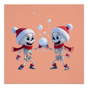 Funny Santa Skeletons Having a Snowball Fight Poster
