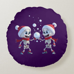 Funny Santa Skeletons Having a Snowball Fight Round Cushion