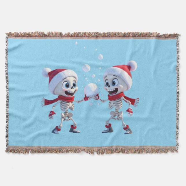 Funny Santa Skeletons Having a Snowball Fight  Throw Blanket (Front)
